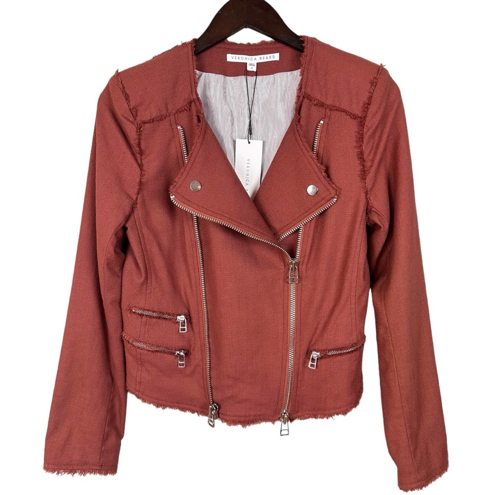 New Veronica Beard Stevie Fringe Moto Jacket Terracotta 6